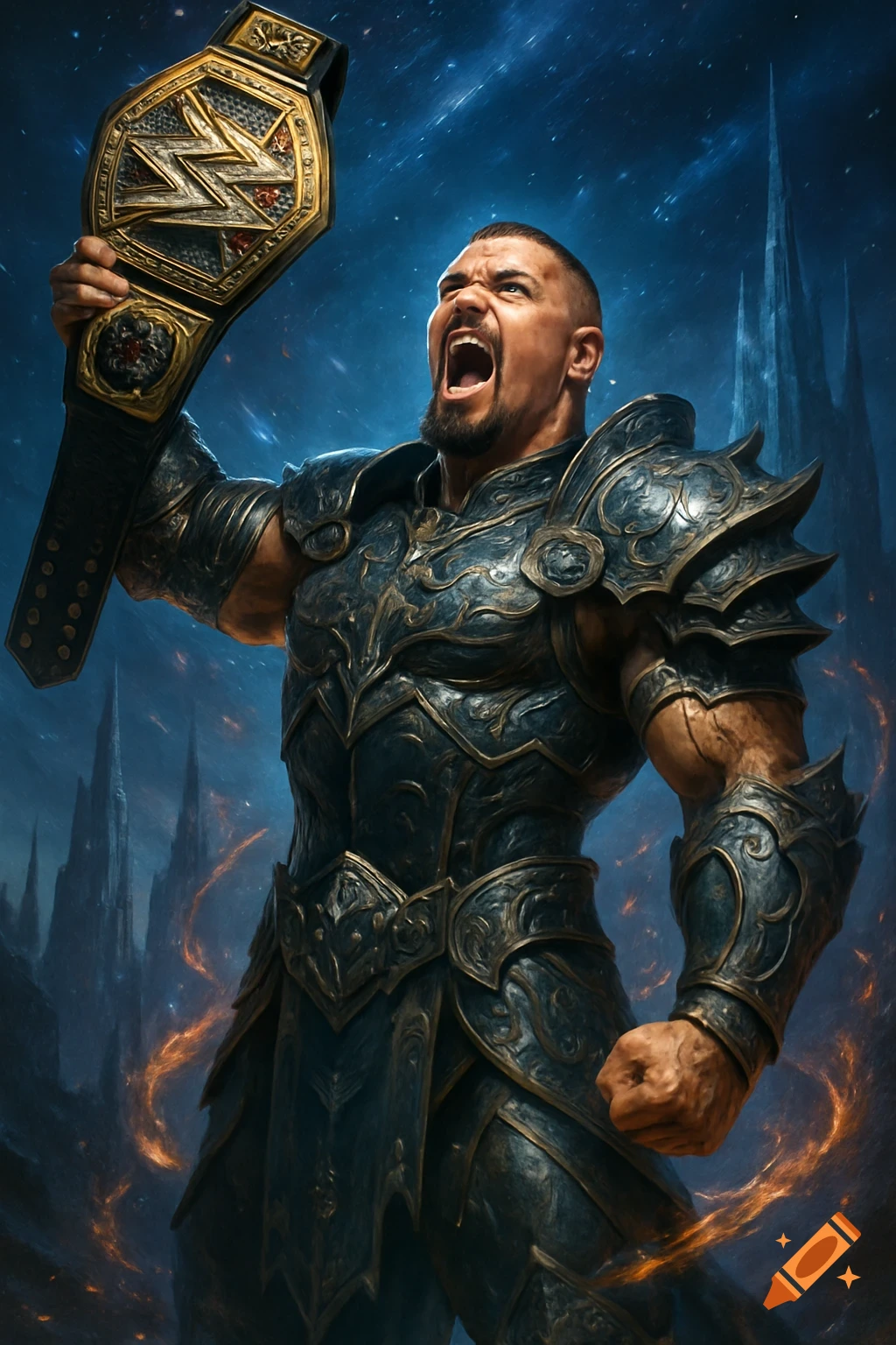 Muscular man in ornate dark fantasy armor roars, holding a golden championship belt against a backdrop of glowing spires and a starry night sky.