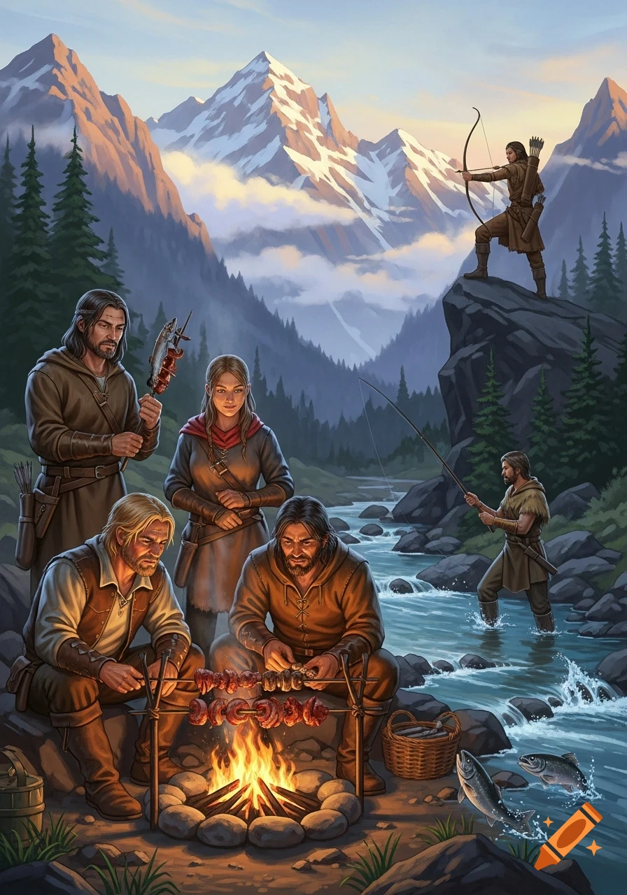 Fantasy art of people camping: cooking over fire, fishing in a river, and an archer hunting, with mountains in the background.