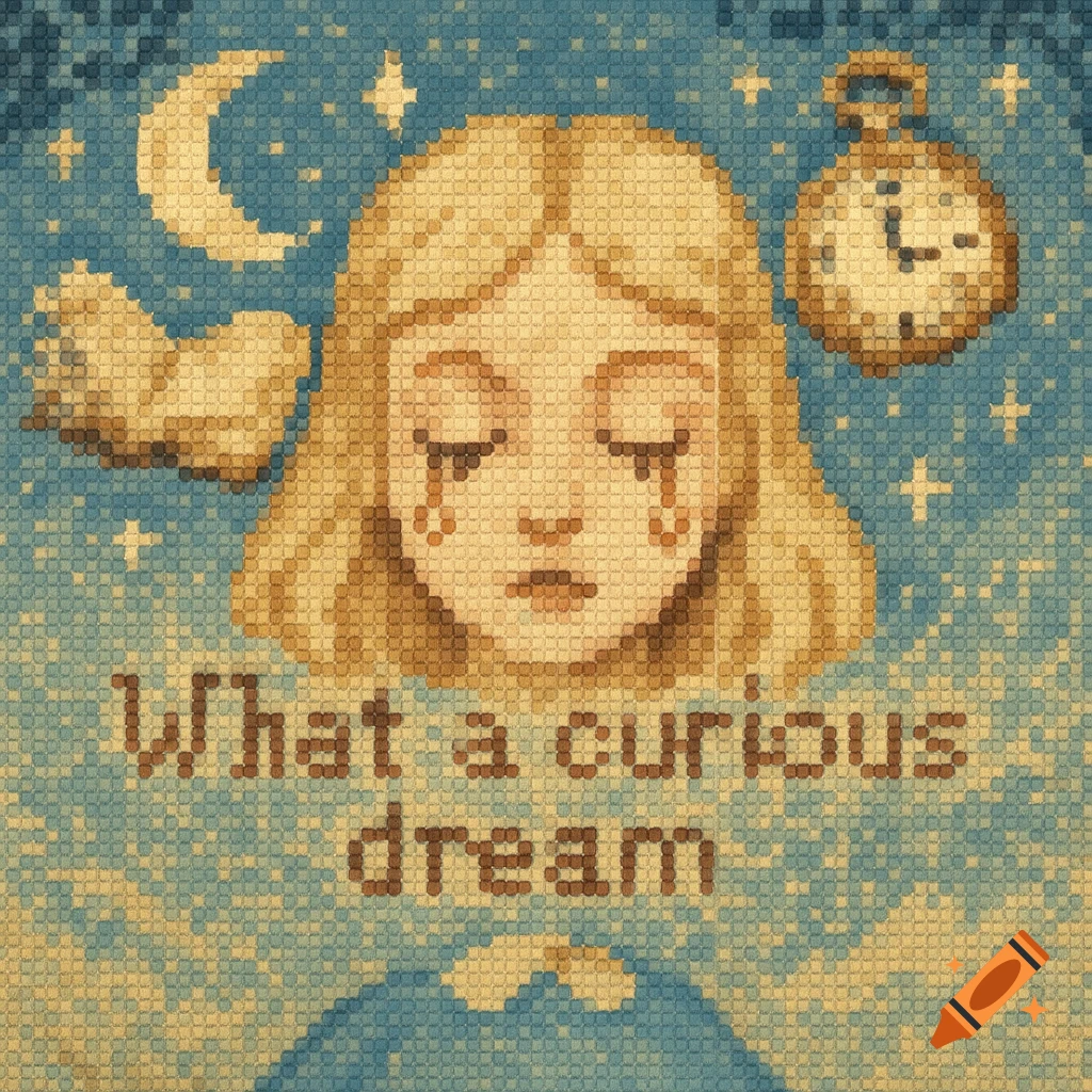 Pixelated cross-stitch of a sad Alice in Wonderland with tears, surrounded by a moon, book, and pocket watch. Text: What a curious dream.