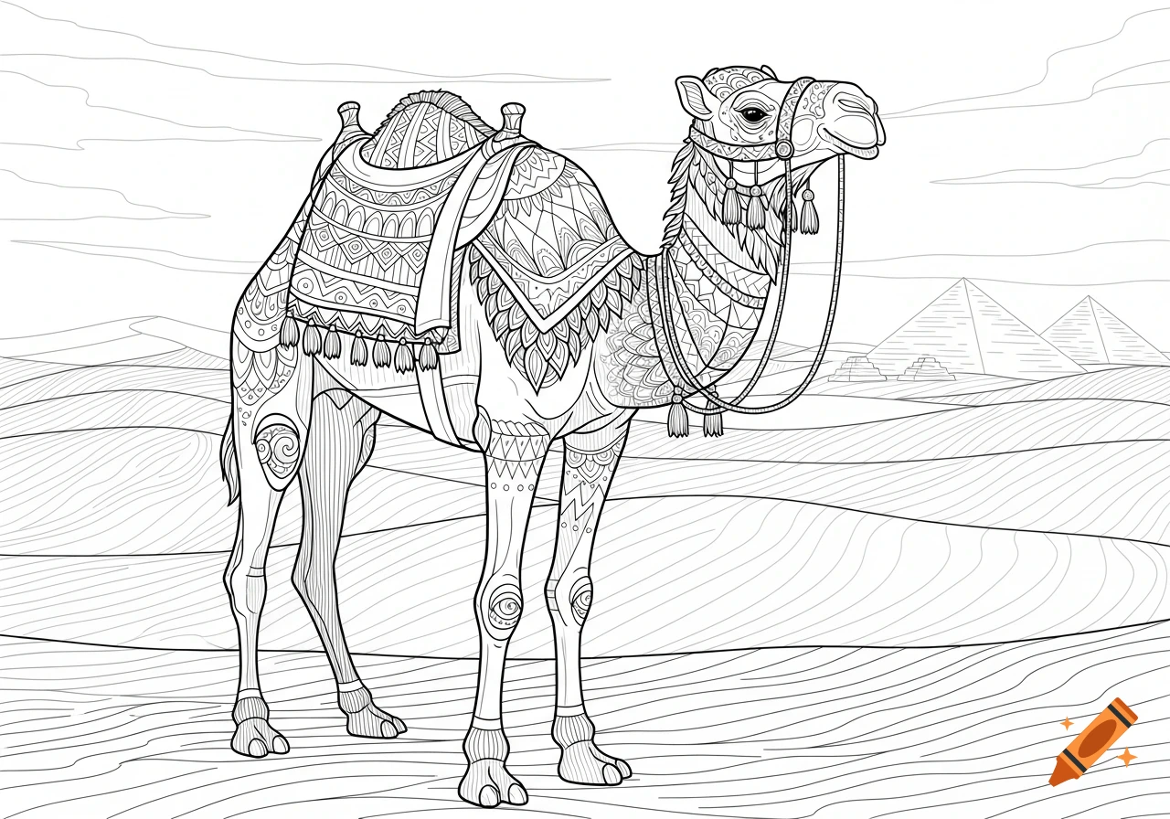 Black and white line art of a decorated camel standing in a desert with pyramids in the background, designed as a coloring page.