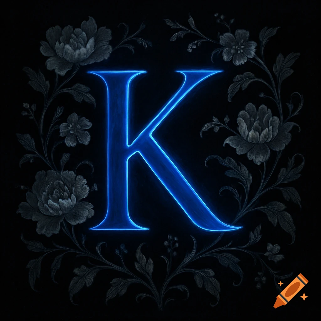 A glowing blue capital letter K centered amidst intricate dark floral patterns on a black background.