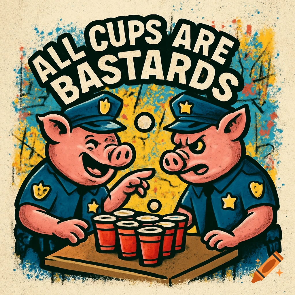 Cartoon pigs dressed as police officers play beer pong with the text 'ALL CUPS ARE BASTARDS' on a grunge background.