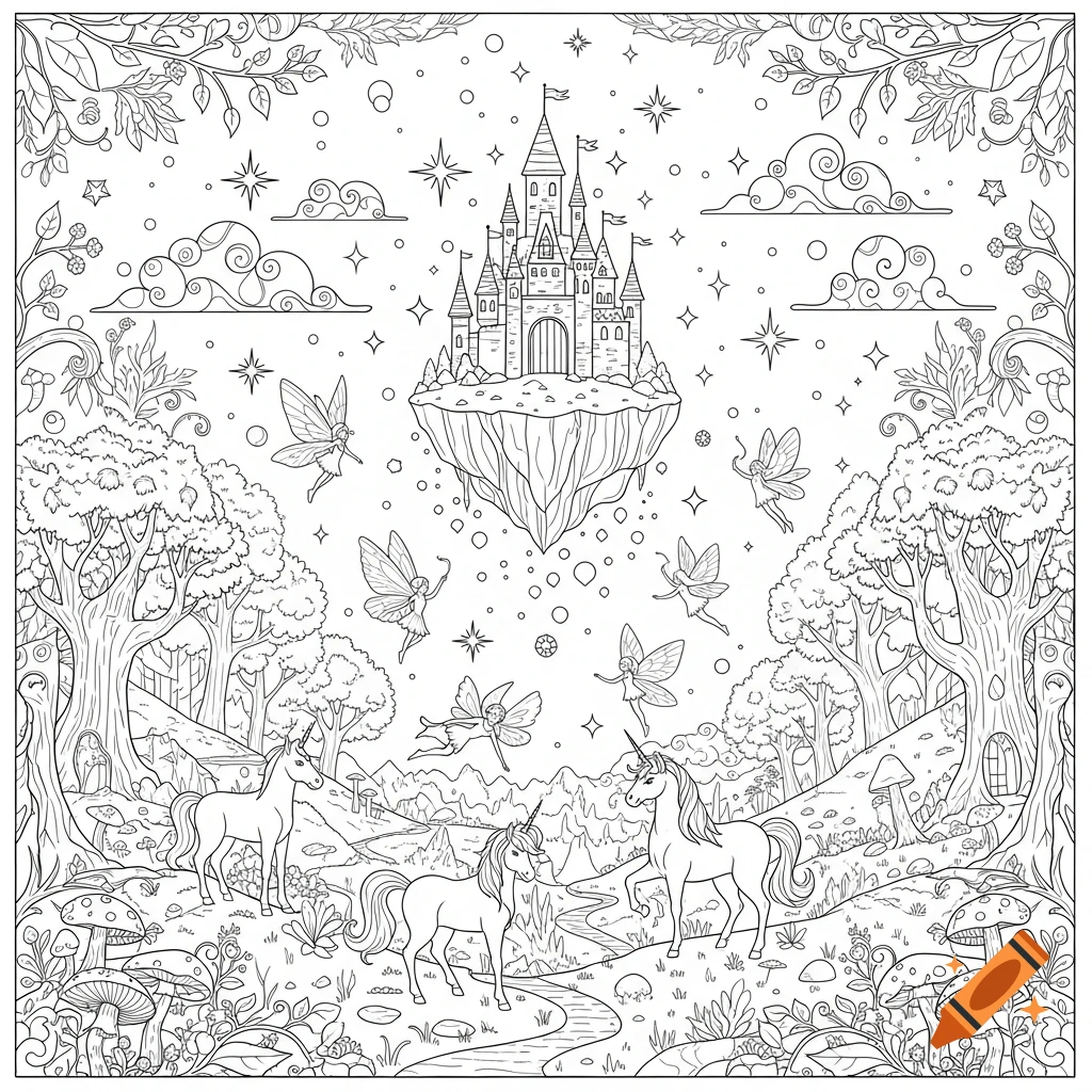 Black and white fantasy coloring page featuring a floating castle, fairies, unicorns, and an enchanted forest with large mushrooms.