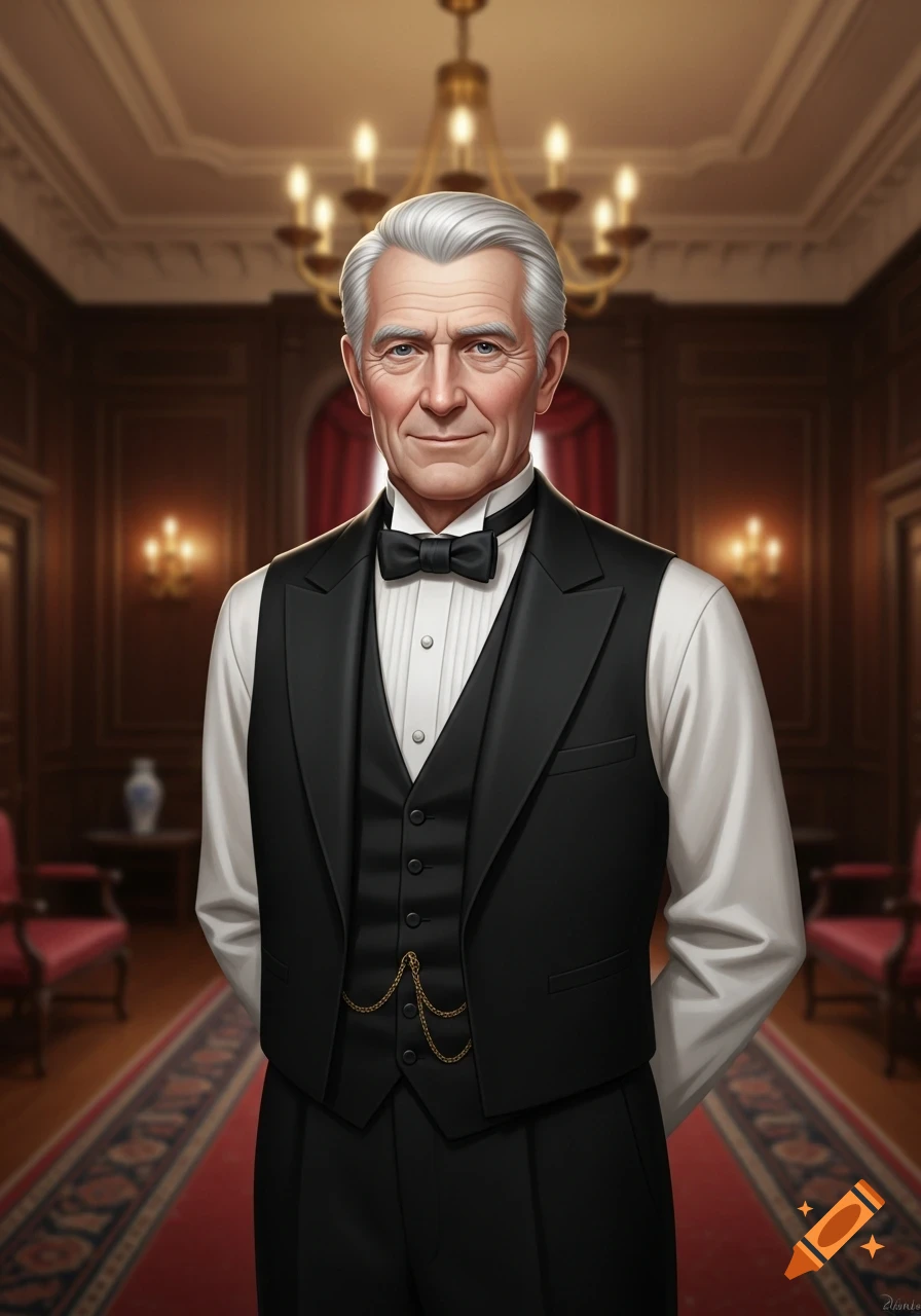 A realistic portrait of an elderly Victorian butler in a black tuxedo and white shirt, standing in a grand room with a chandelier.