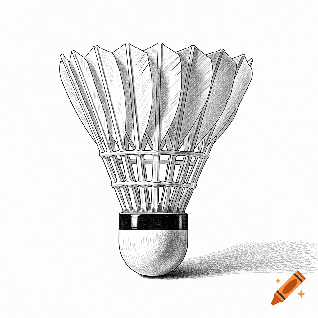 A black and white sketch of a shuttlecock, standing upright and casting a shadow on a white background.