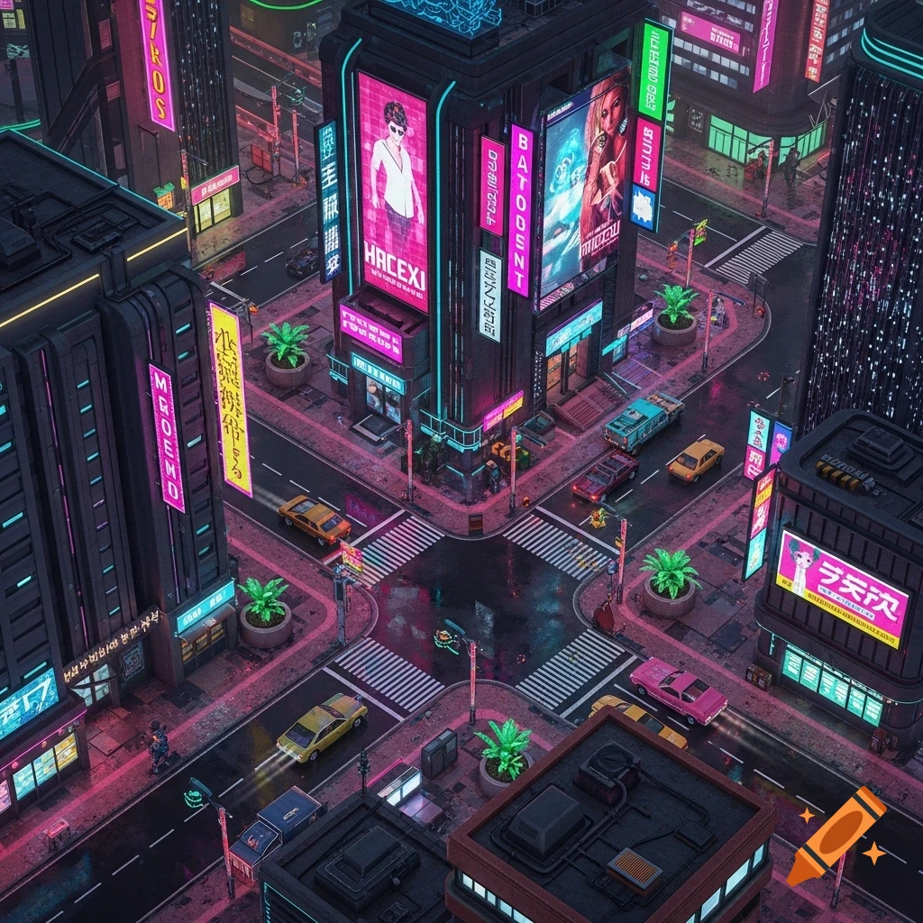 Top-down isometric view of a vibrant cyberpunk city intersection with neon-lit skyscrapers, busy streets, and futuristic cars.