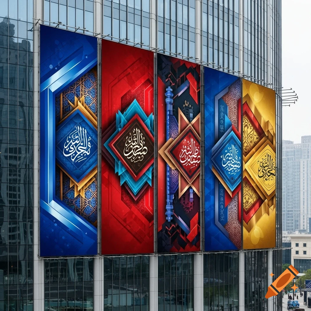 Five colorful banners with Arabic calligraphy and geometric patterns hanging on a modern glass-fronted building.