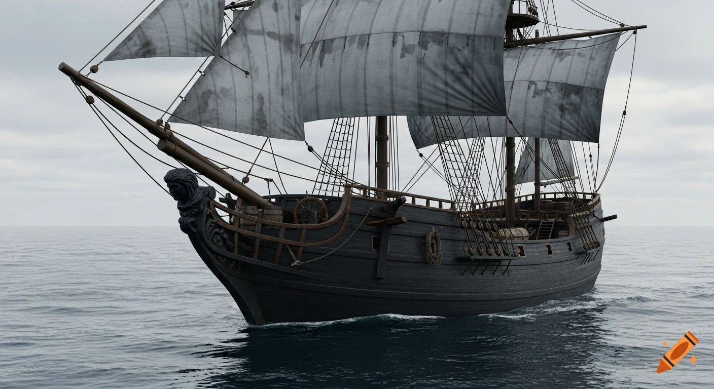 A dark, weathered brigantine with grey-white sails navigates a rippled ocean under a cloudy sky.