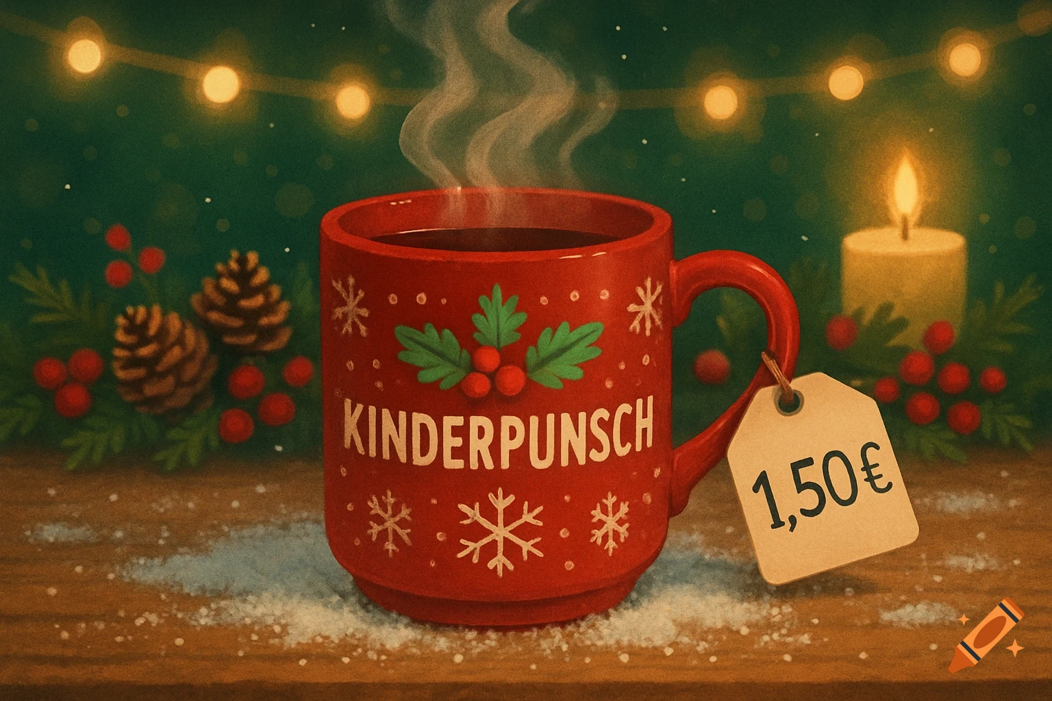 Steaming red Christmas mug with 'KINDERPUNSCH' and '1,5000€' tag, amidst pinecones, berries, lights, and a candle on a snowy wooden table. Illustration.