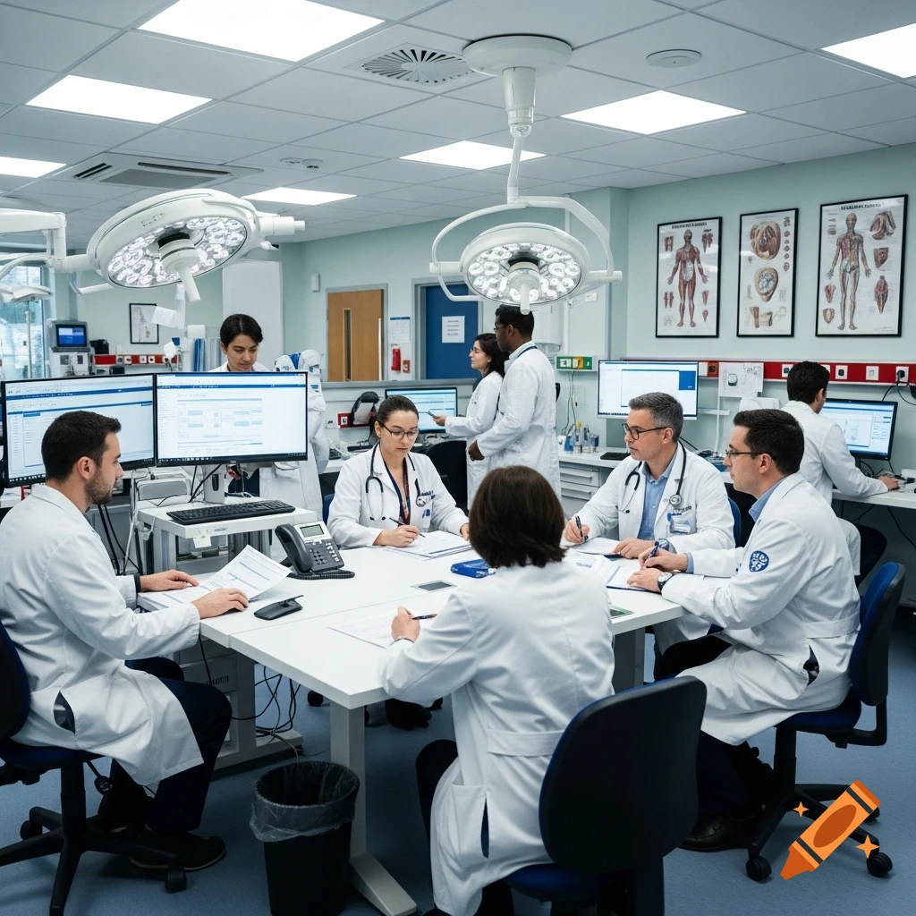 A group of doctors in white lab coats gather around a table in a modern medical room with computers and surgical lights, appearing to be in a discussion or meeting.