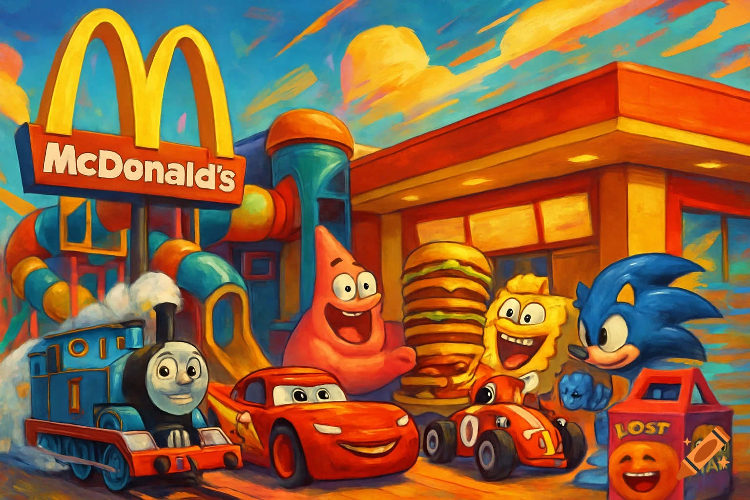 A colorful, painterly illustration of various cartoon characters like Thomas the Tank Engine, Lightning McQueen, Patrick, Sonic, and others gathered outside a McDonald's restaurant and play place.