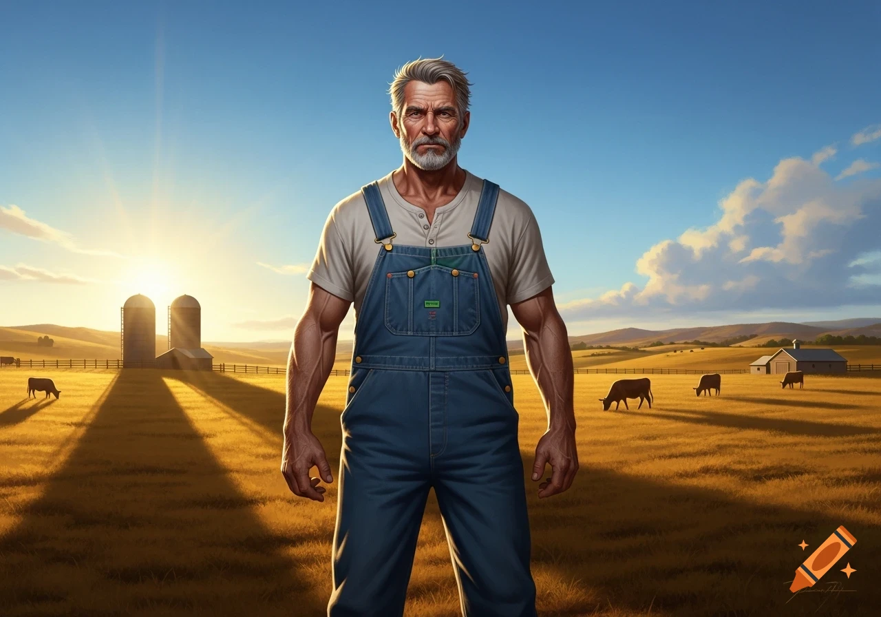 A stern, muscular farmer in overalls stands in a sunlit golden field with silos and cows.