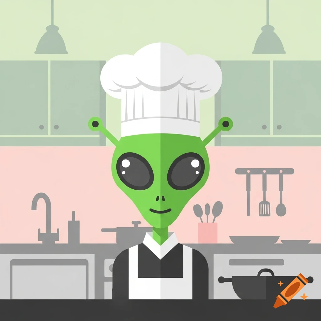A flat cartoon illustration of a green alien wearing a white chef's hat and apron in a kitchen.