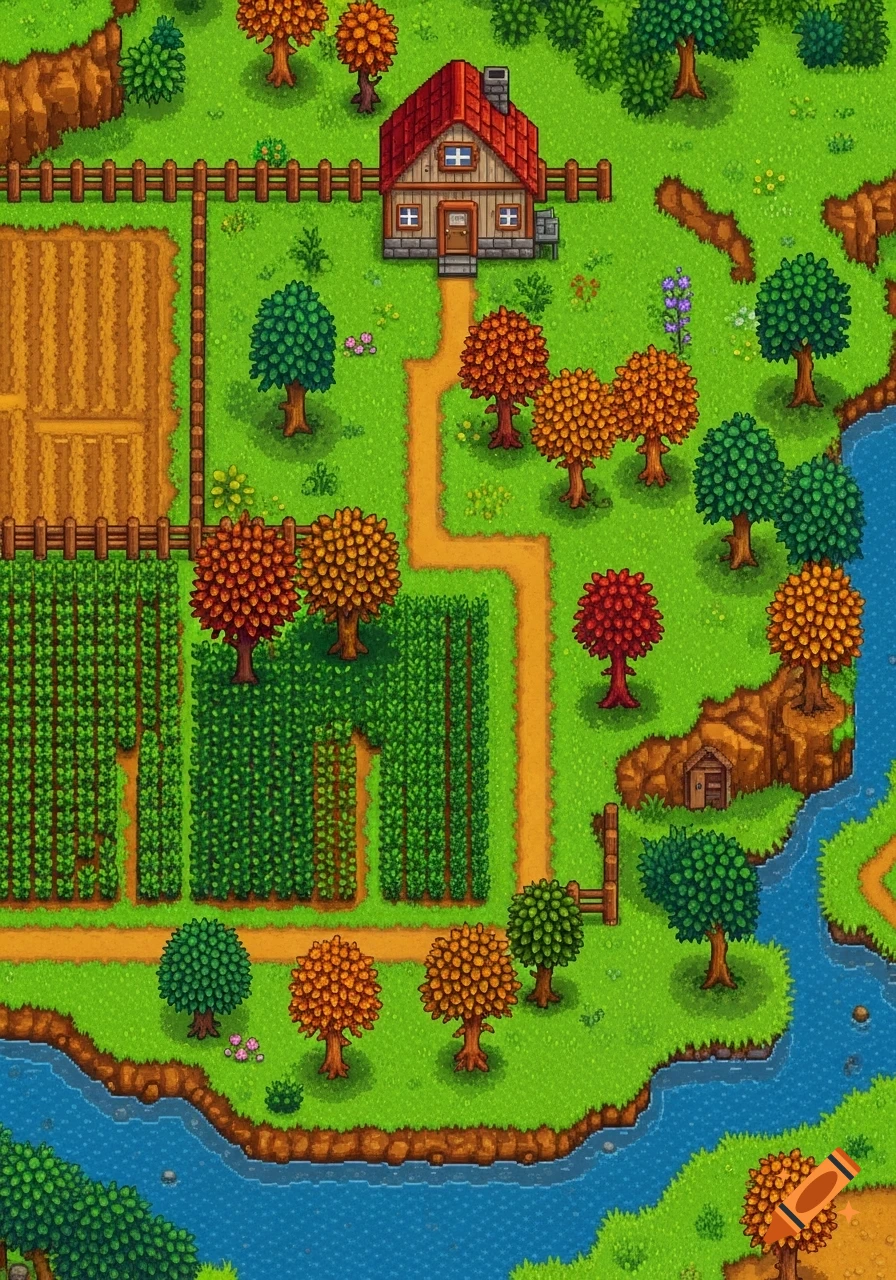 Top-down pixel art farm scene with a house, cultivated fields, trees, and a winding river.