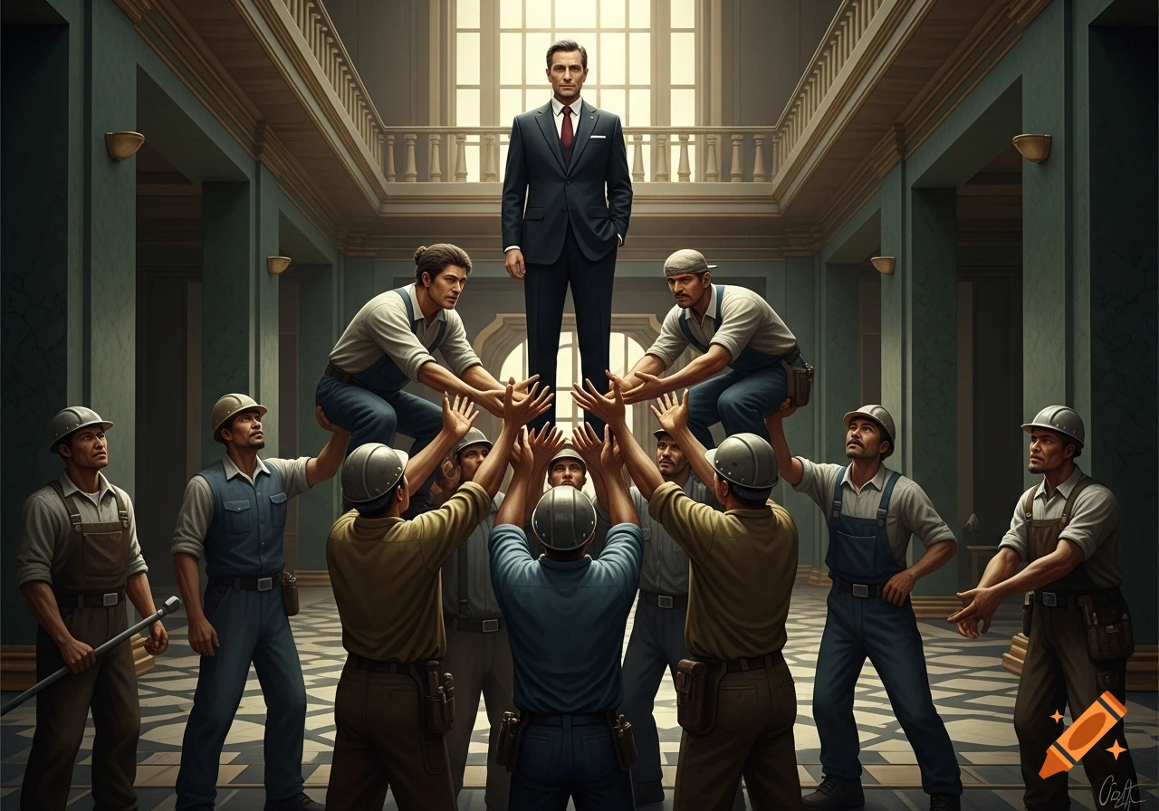 A man in a suit stands atop a human pyramid of workers in an ornate hall, symbolizing power and labor.