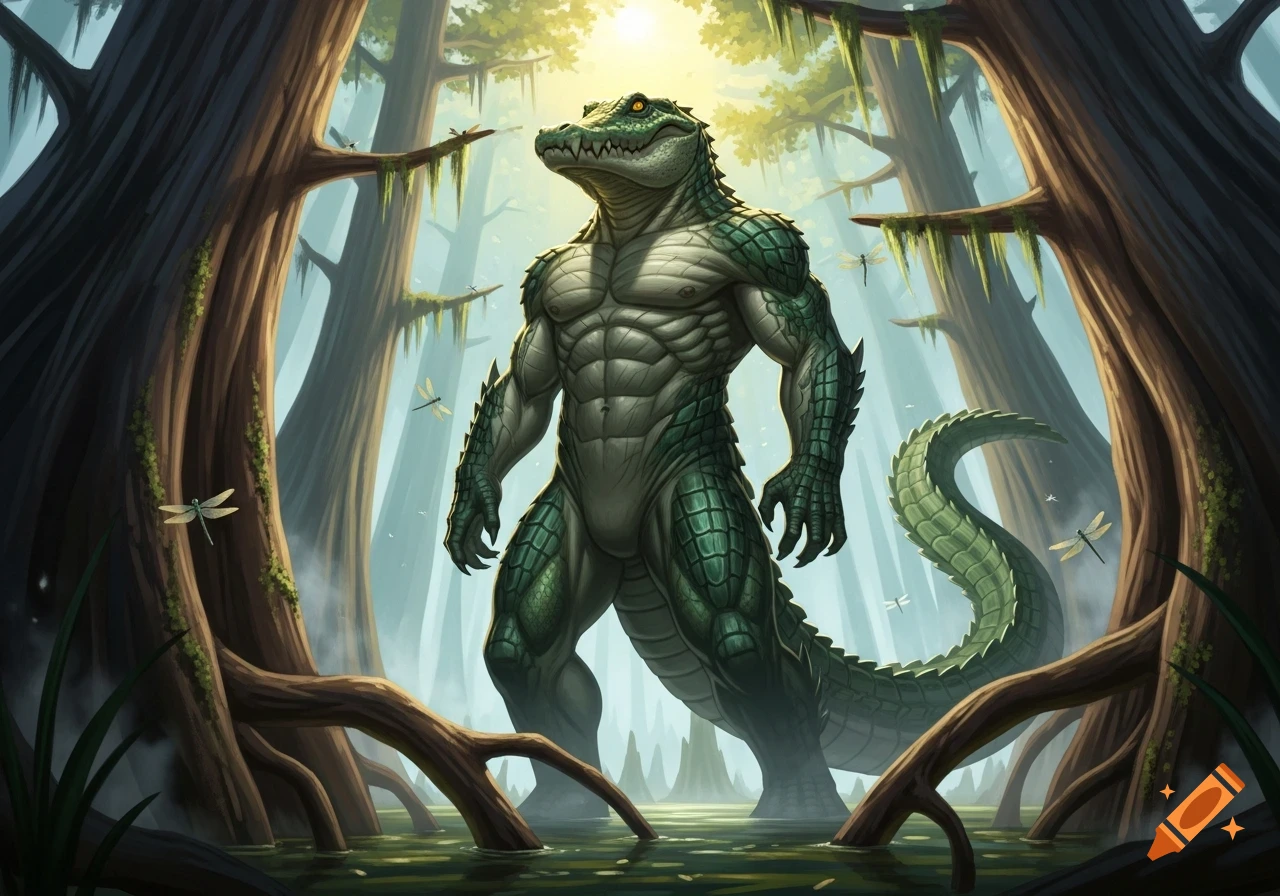 A muscular, green alligator man stands in a misty swamp, framed by tall trees, with glowing eyes and dragonflies.