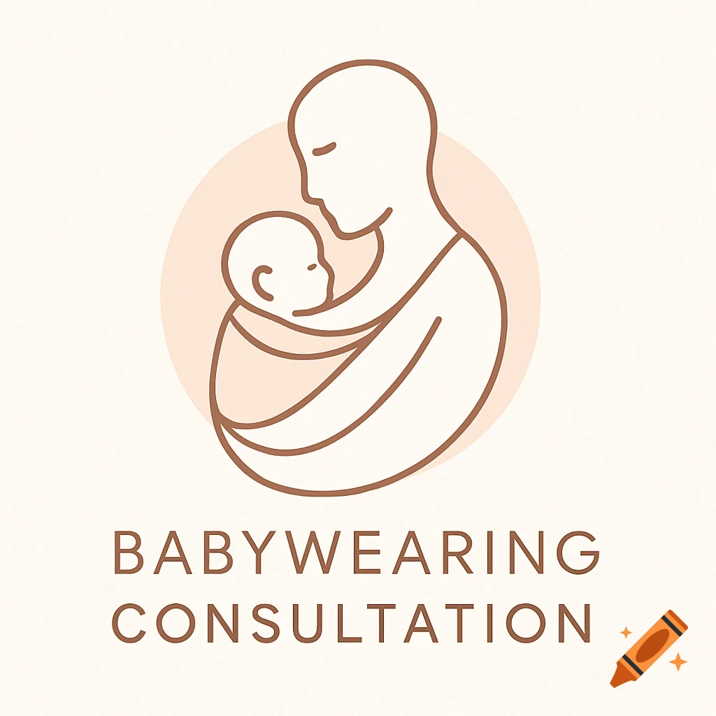 Minimalist line art logo of a parent holding a baby in a wrap, with text BABYWEARING CONSULTATION.