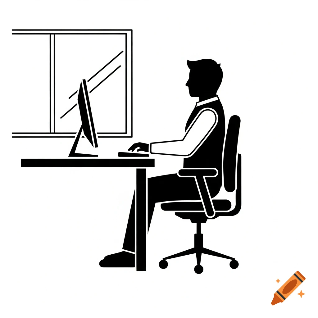 A black and white pictogram of a person sitting at a desk, working on a computer, with a window in the background.