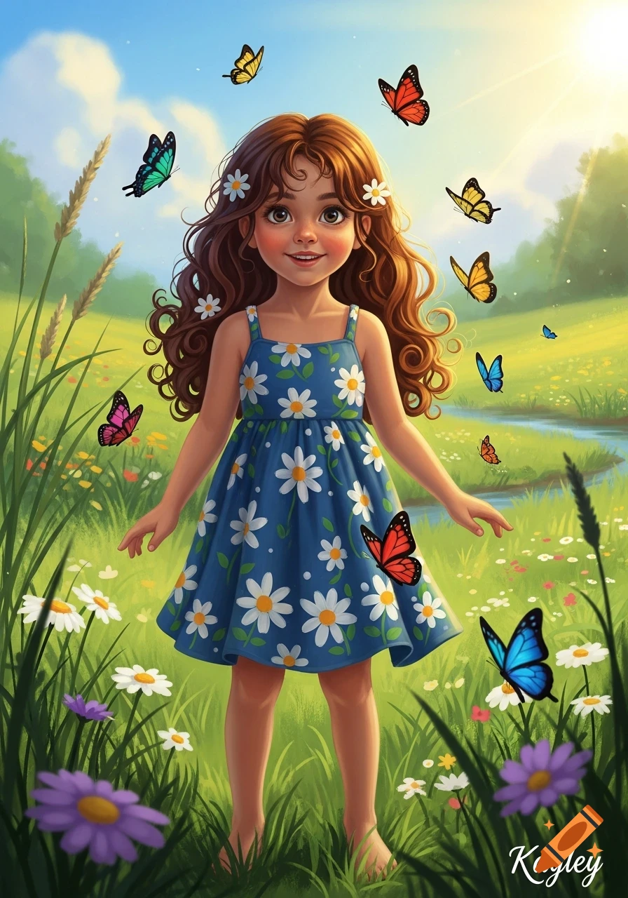A smiling young girl in a blue daisy dress stands in a sunny meadow, surrounded by colorful butterflies and wildflowers. Digital art.