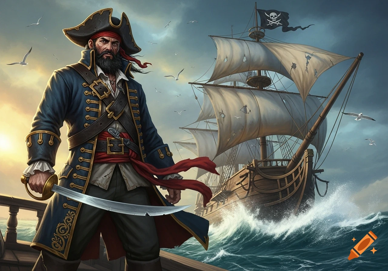 A detailed illustration of a fierce bearded pirate with a cutlass on a ship's deck, a pirate ship sailing on stormy seas behind him.