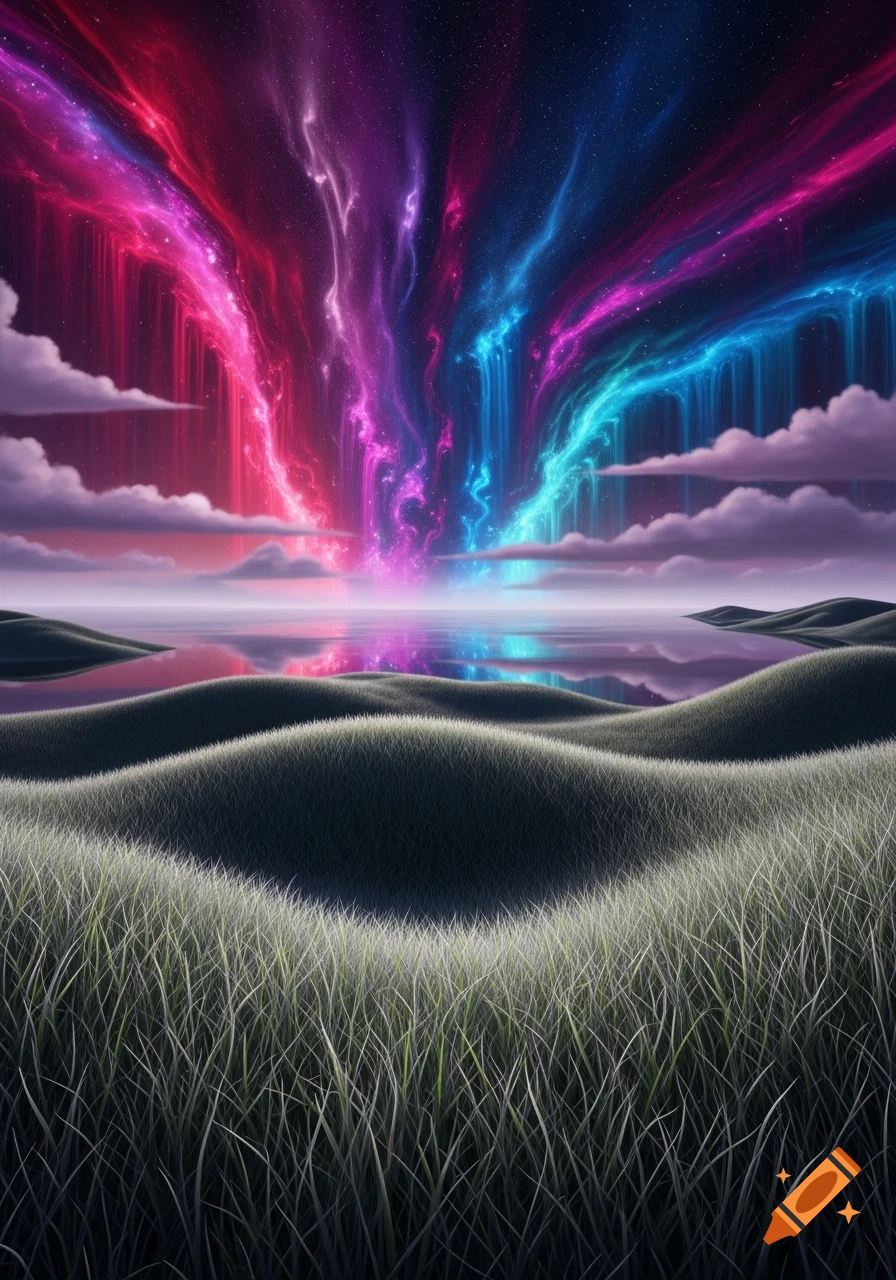 A vibrant fantasy landscape with rolling hills of soft, unreal grass, reflecting a psychedelic sky bursting with red, pink, purple, and blue light over a calm lake.