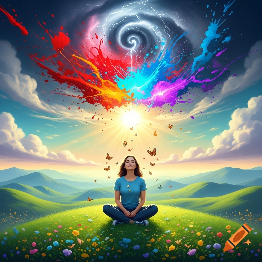 A woman meditates on a vibrant flowery hill under a bright sky with colorful paint splatters, lightning, and butterflies.