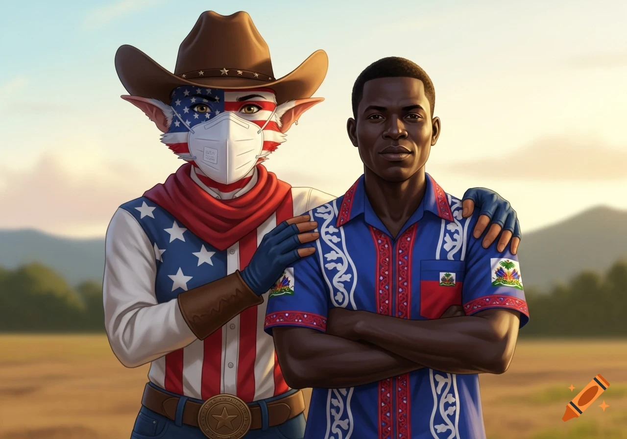 Stylized US flag-faced character with pointy ears, a cowboy hat, and a mask, hugging a Haitian man in a blue shirt with national symbols, outdoors.