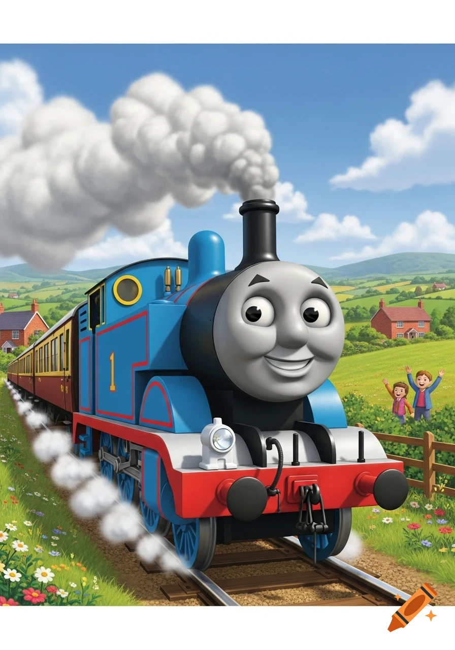 Thomas the Tank Engine smiles as he steams along train tracks through a green countryside with two children waving.