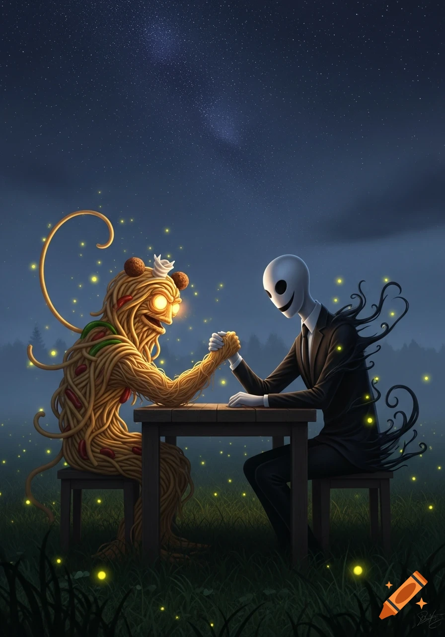 The Flying Spaghetti Monster and Slender Man arm wrestle at a wooden table in a field under a starry night sky with glowing fireflies.
