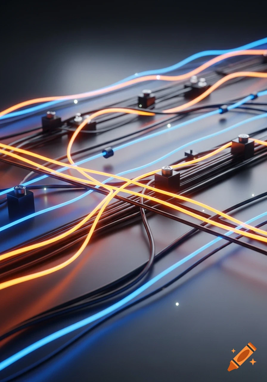 Glowing orange and blue neon electrical wires intertwine on a dark surface, creating a futuristic, high-tech abstract design.