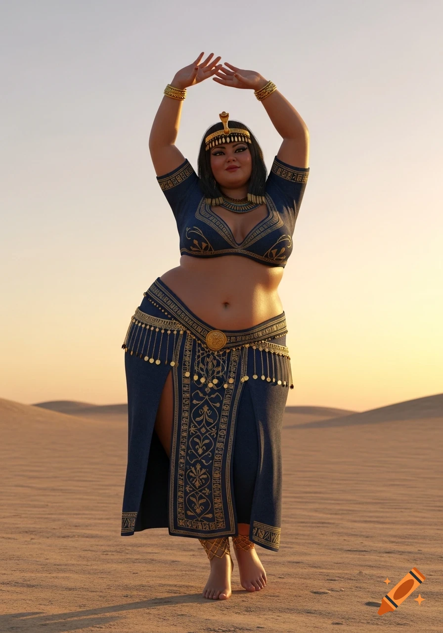 Photorealistic image of a plump woman in an ornate blue and gold Egyptian-style costume, arms raised, dancing in a desert at sunset.