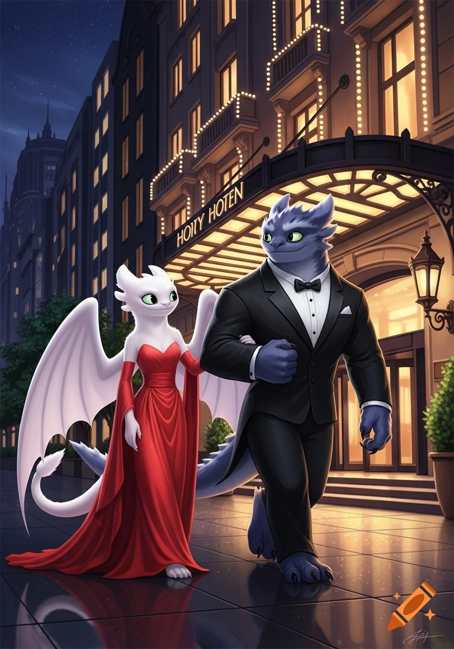 A white Light Fury in a red gown and a blue Night Fury in a tuxedo walk arm-in-arm from a lavish hotel at night.