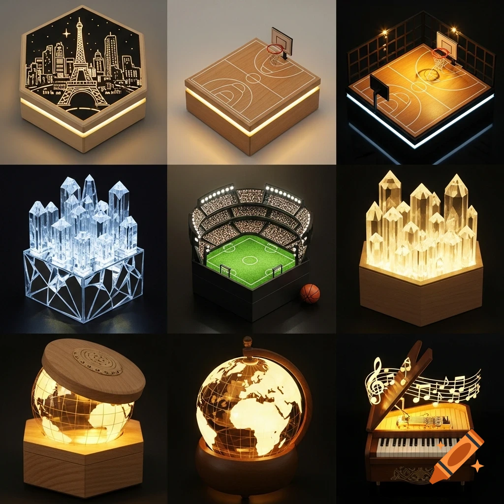 Nine illuminated miniature decorative boxes with diverse themes: Paris cityscape, basketball court, football stadium, crystal clusters, globes, and a music box.