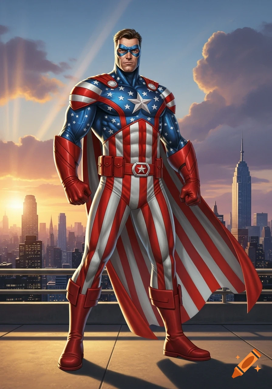 A male superhero in a red, white, and blue patriotic costume with a star emblem stands on a rooftop overlooking a city at sunset.