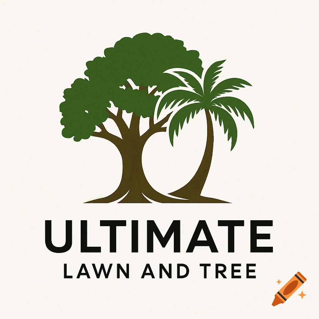 A green and brown logo featuring an oak tree and a palm tree side-by-side, with the text 'ULTIMATE LAWN AND TREE' below.
