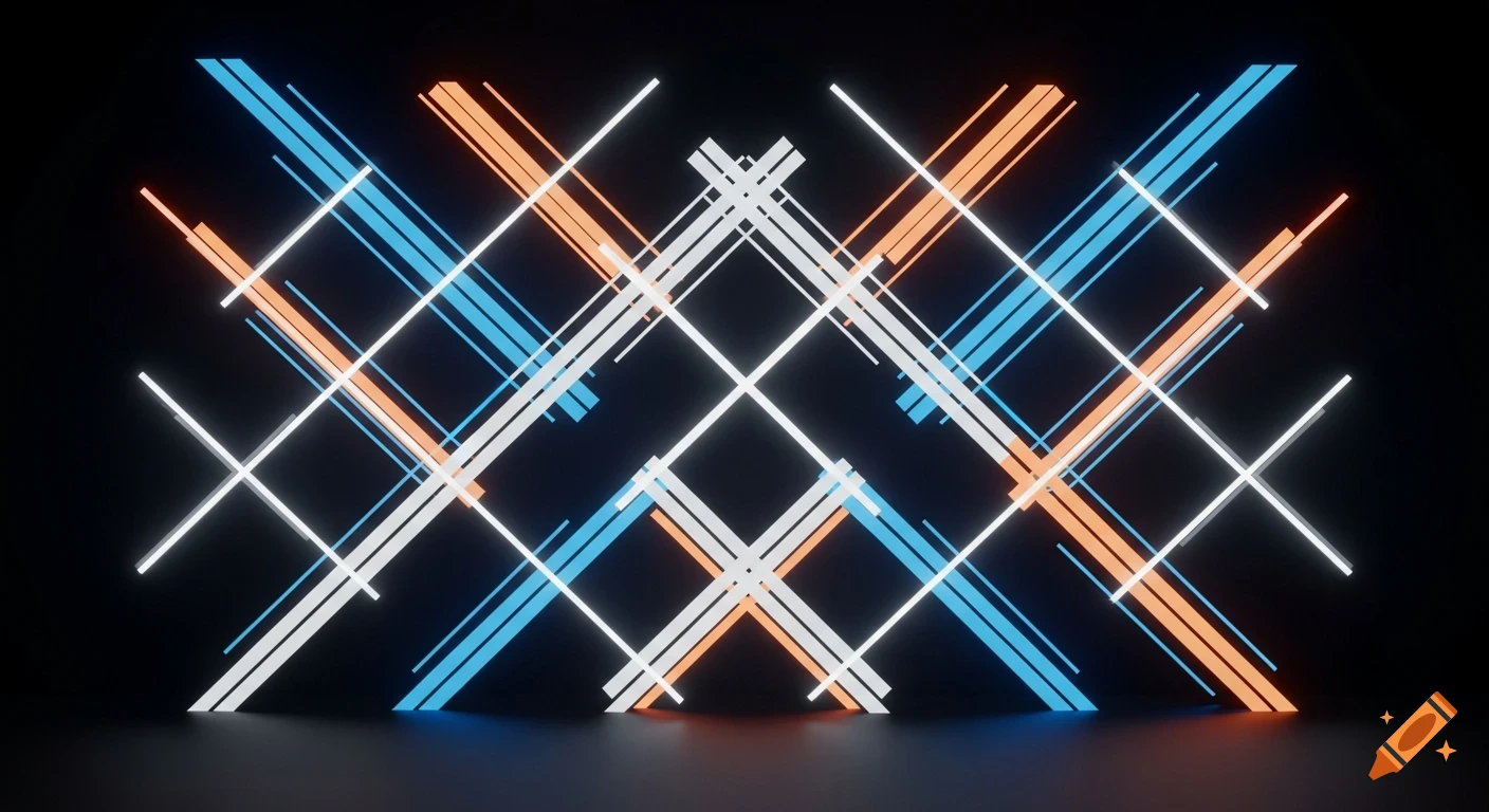 A symmetrical pattern of glowing white, blue, and orange linear light bars on a dark background, resembling a stage design.