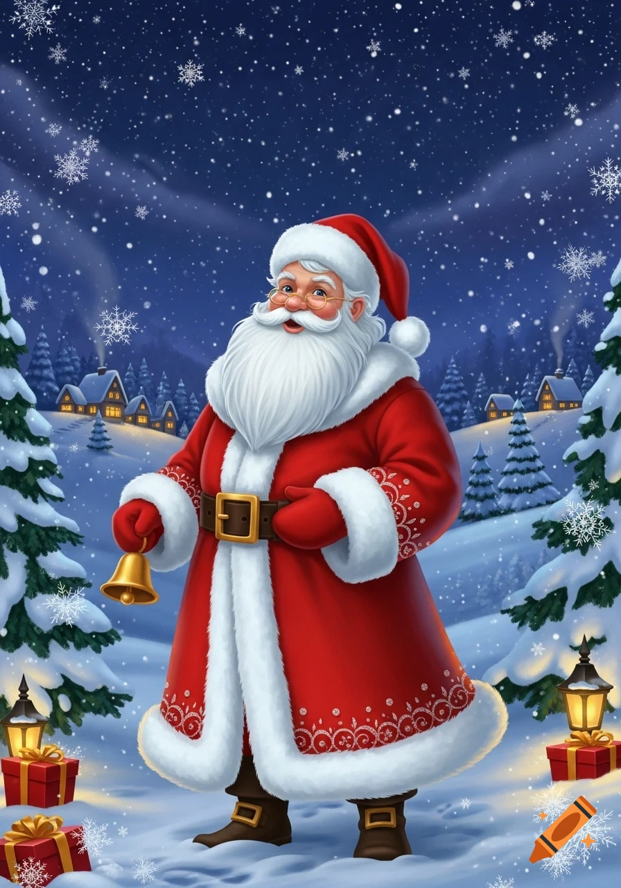 Jolly Santa Claus in a snowy village at night, holding a golden bell amidst falling snowflakes, pine trees, glowing houses, presents, and lanterns.