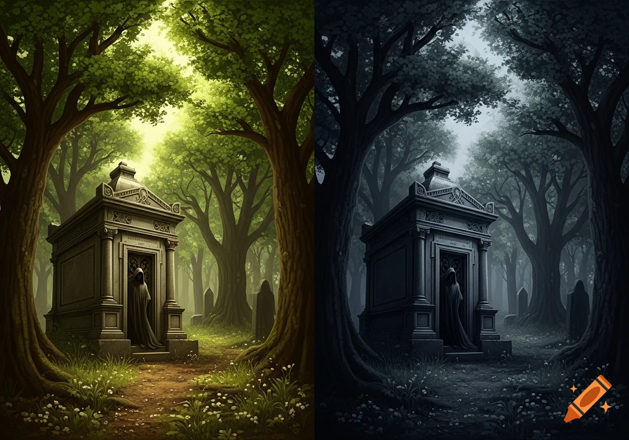 A split image showing a mausoleum with a cloaked figure in a lush green forest on the left, and a dark, moody forest on the right.