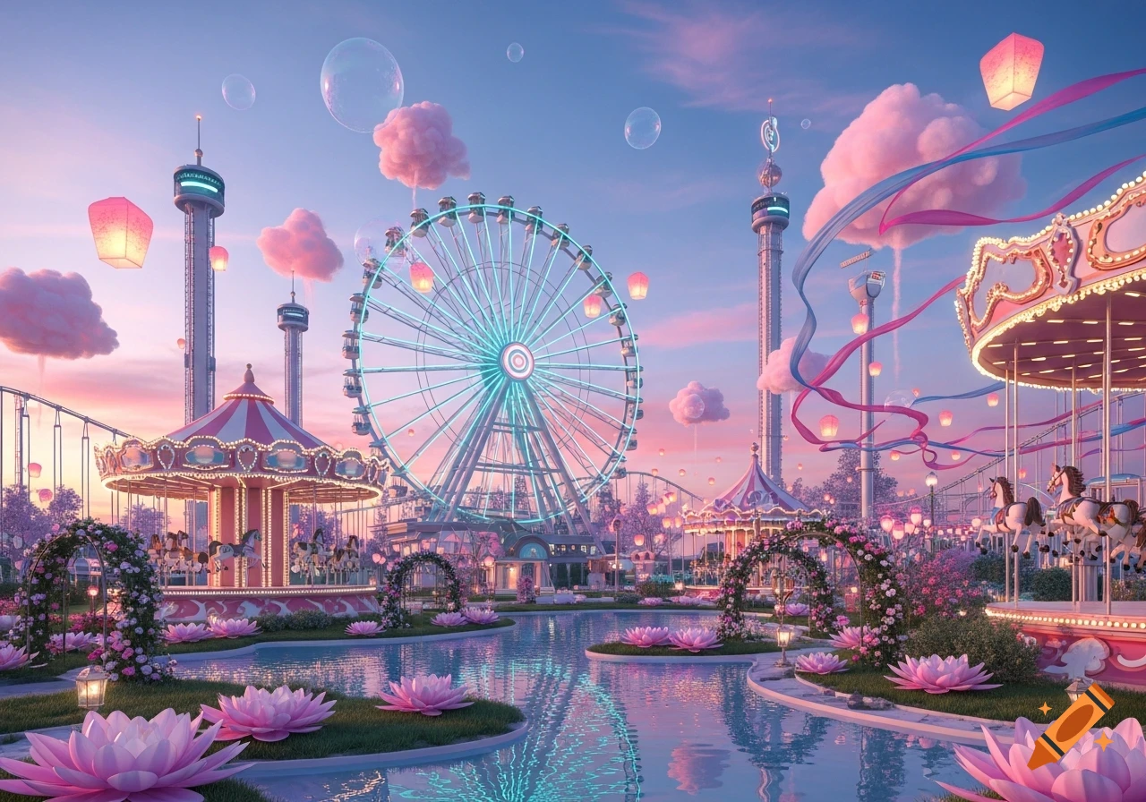A whimsical dreamcore amusement park at sunset with a Ferris wheel, carousels, water lilies, and floating lanterns under a pink and blue sky.