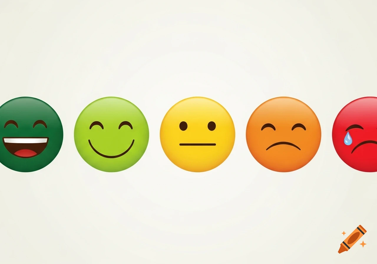 Five colorful emojis, from very happy dark green to sad red with a tear, displayed in a row on a light background.