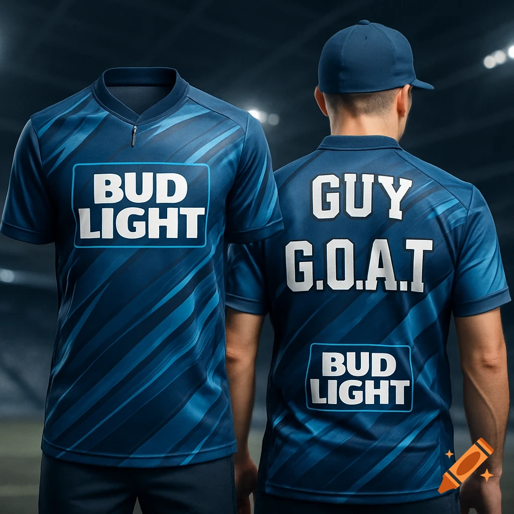 Two blue sports jerseys, front and back views, featuring "BUD LIGHT" and "GUY G.O.A.T." text. Photorealistic.