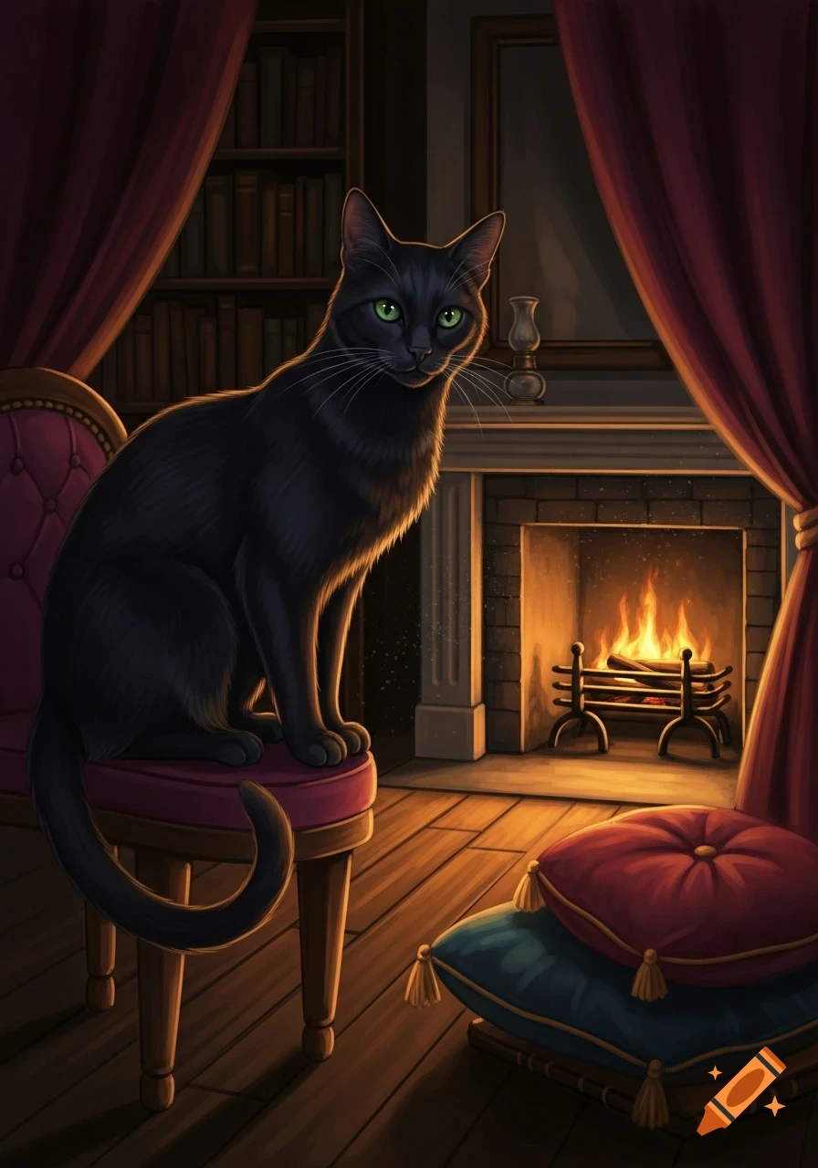 A black cat with bright green eyes sits on a red velvet chair in a dimly lit room with a fireplace and bookshelves.