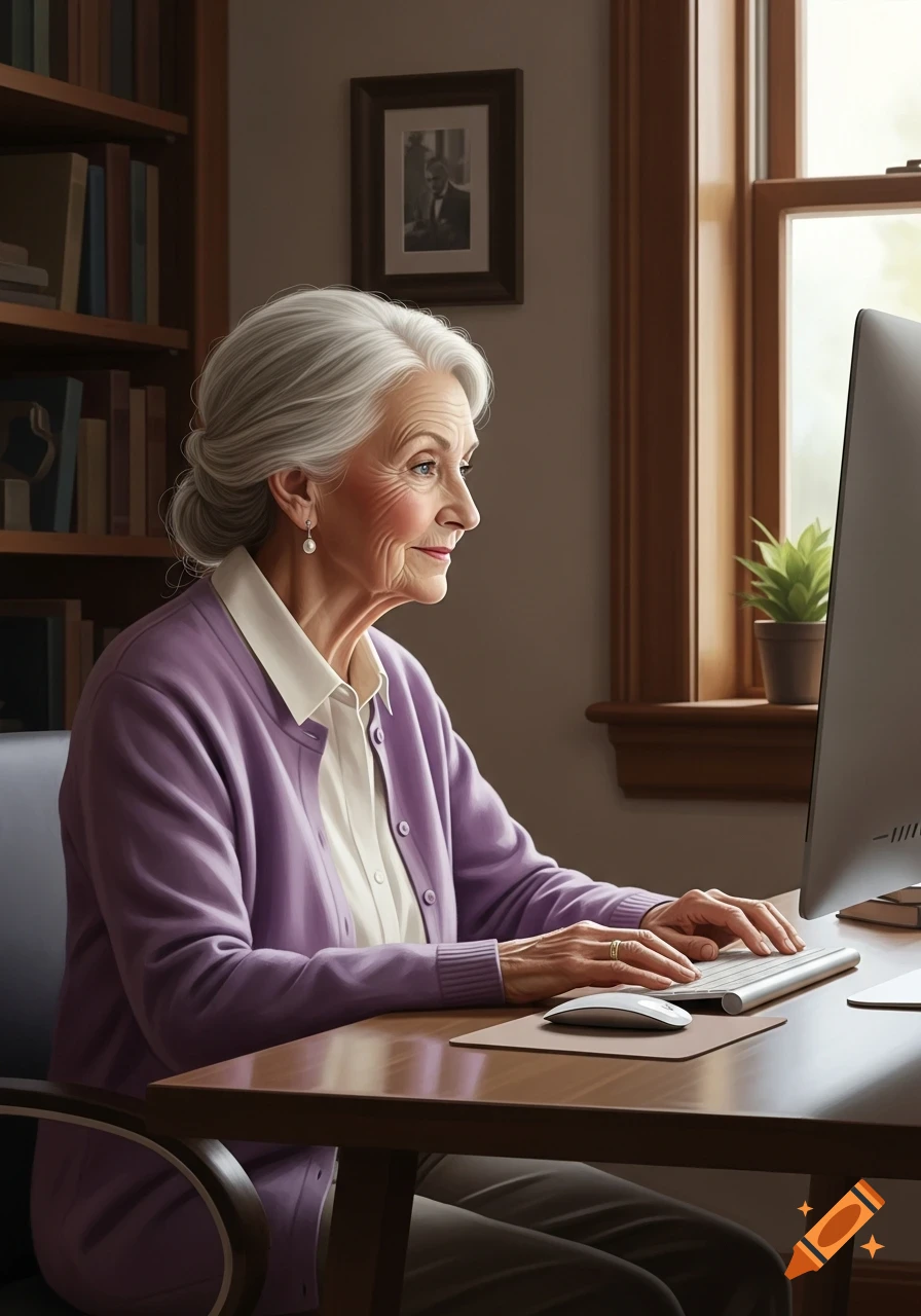 Elderly woman with white hair in a purple cardigan using a computer in a sunlit home office.