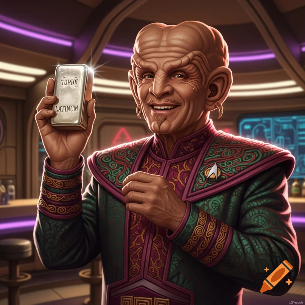 Quark the Ferengi from Star Trek smiles while holding a shiny silver Latinum bar in a futuristic bar setting.