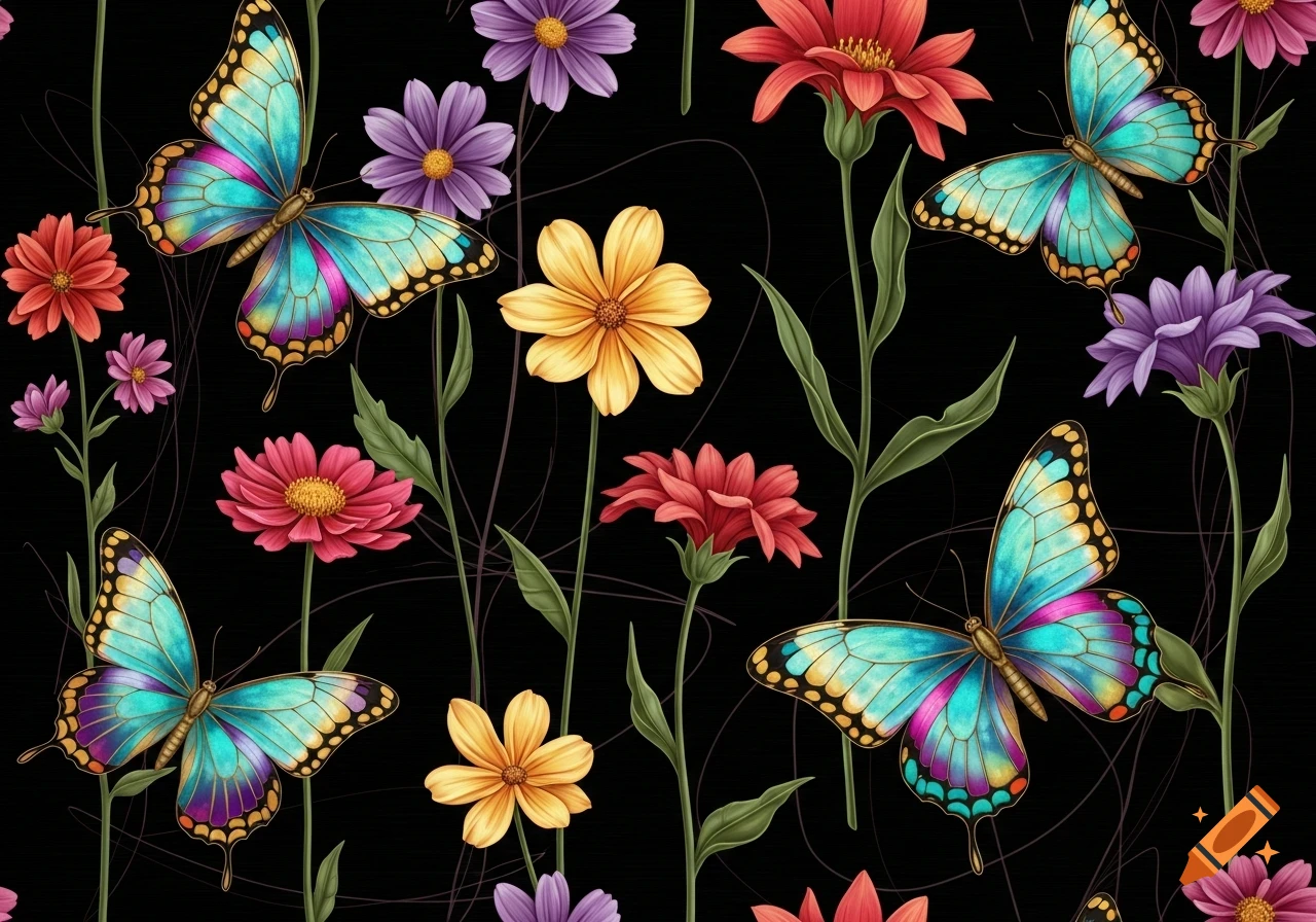 A seamless pattern of colorful blue, pink, and yellow butterflies among various red, pink, yellow, and purple flowers on a dark background.