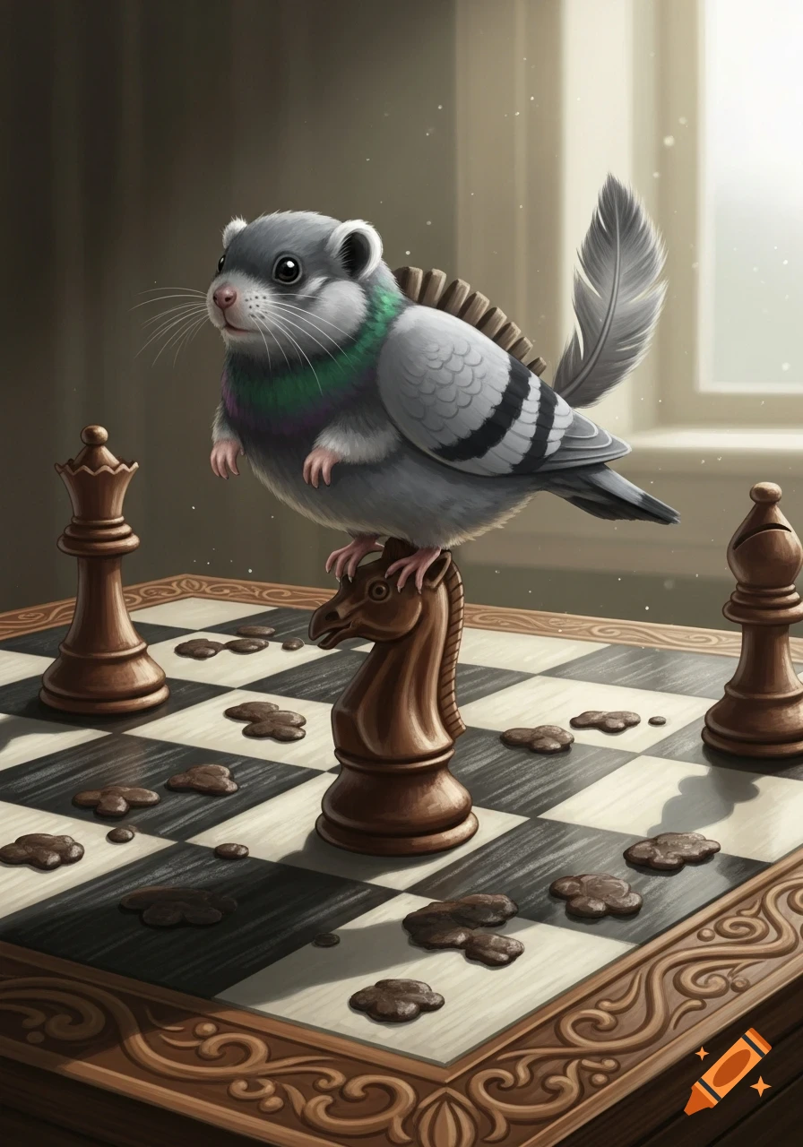 A fluffy lemming-pigeon hybrid bird sits on a chess knight on a chessboard scattered with stylized brown droppings. Digital illustration.