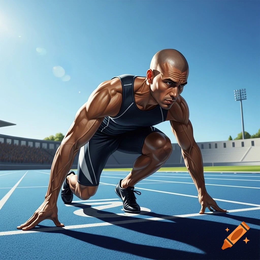 Bald, muscular man in a sprint start position on a blue track in a stadium under a clear sky.
