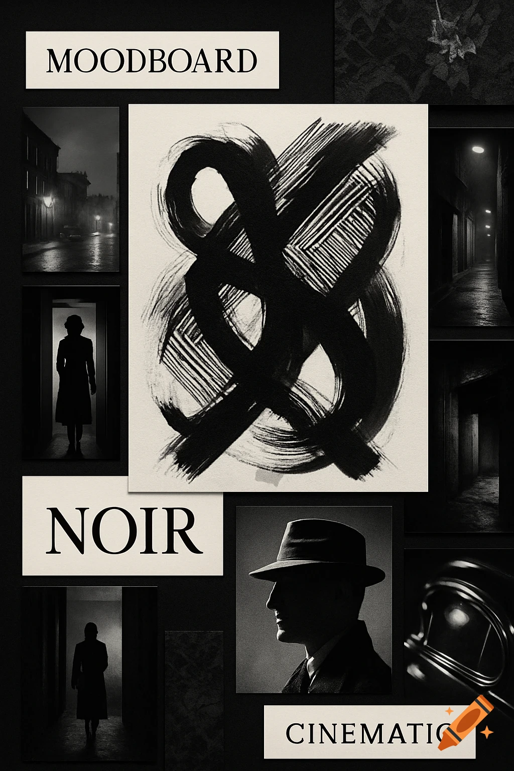Black and white film noir mood board featuring atmospheric scenes, silhouetted people, a man in a fedora, abstract art, and text.