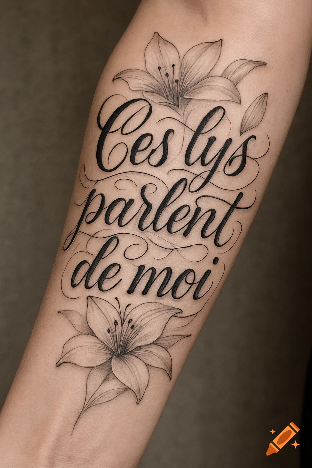 A tattoo on a forearm featuring the French script 'Ces lys parlent de moi' (These lilies speak of me) with elegant lily flowers.