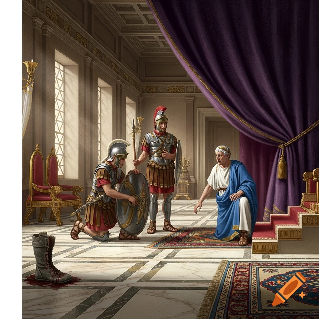 In a Roman palace, Claudius kneels, comforted by two Praetorian guards, with a bloody boot on the marble floor. Illustration.